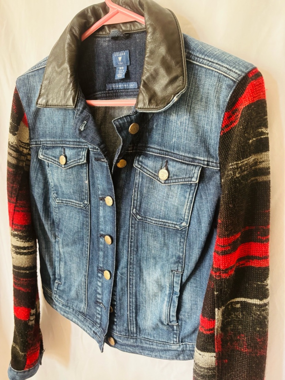 Moto Denim Biker Vest Jacket Jacquard Sweater Sleeves Leather collar